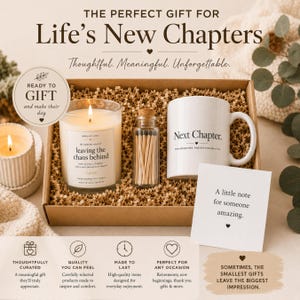 May include: A gift box containing a scented candle labeled 'leaving the chaos behind', a glass bottle filled with wooden matches, and a white ceramic mug with the text 'Next Chapter.' A small card reads 'A little note for someone amazing.'