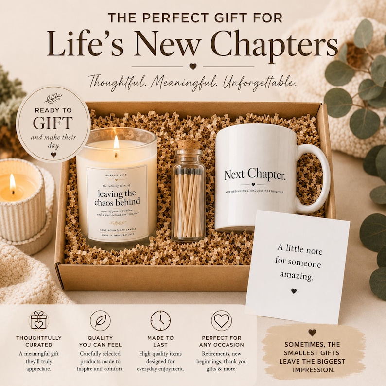 May include: A gift box containing a scented candle labeled 'leaving the chaos behind', a glass bottle filled with wooden matches, and a white ceramic mug with the text 'Next Chapter.' A small card reads 'A little note for someone amazing.'
