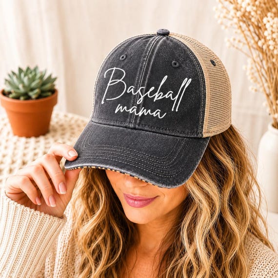 Baseball Mama Ponytail Hat, Embroidered Baseball Mom Trucker  display picture 2