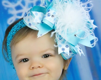 Frozen Baby Headband,Over the Top Hair Bow,Snowflake Hairbow,Baby Headband,Baby Headbands,Big Bow Baby Headband,Baby Girl Headband,Feather