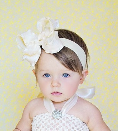Handmade Big Boutique Solid Ivory Girls Over The Top Hair Bow Headband 4 inch / Permanently Attached to Headband