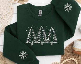 Embroidered Christmas Tree Sweatshirt, Snowflake Sleeve Crewneck, Winter Embroidery Sweater, Cozy Holiday Sweatshirt Gift for Women Pullover