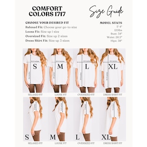 May include: Size chart for a white t-shirt with different fit options: relaxed, loose, oversized, and dress shirt. The chart shows the size of the shirt in inches and the fit of the shirt on a model. The model is 5'4" and 120 lbs. The chart also includes the model's bust, waist, and hip measurements.