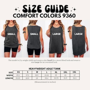 K&ouml;nnte beinhalten: Gr&ouml;&szlig;entabelle f&uuml;r ein schweres Erwachsenen-Tanktop mit Ma&szlig;en in Zoll. Die Tabelle umfasst die Gr&ouml;&szlig;en XS bis 3XL. Der Text "SIZE GUIDE COMFORT COLORS 9360" steht oben. Vier Models tragen das Tanktop in verschiedenen Gr&ouml;&szlig;en.