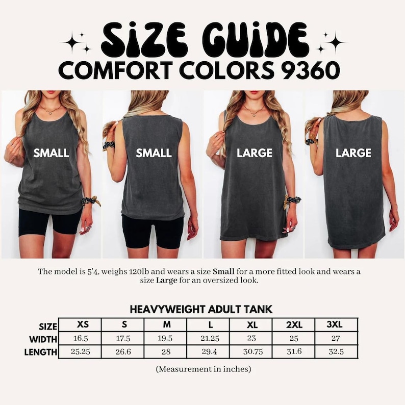 K&ouml;nnte beinhalten: Gr&ouml;&szlig;entabelle f&uuml;r ein schweres Erwachsenen-Tanktop mit Ma&szlig;en in Zoll. Die Tabelle umfasst die Gr&ouml;&szlig;en XS bis 3XL. Der Text "SIZE GUIDE COMFORT COLORS 9360" steht oben. Vier Models tragen das Tanktop in verschiedenen Gr&ouml;&szlig;en.