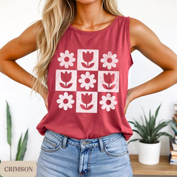 Minimalist Floral Tank Top, Retro Flower Shirt, Tulip Daisy Block
