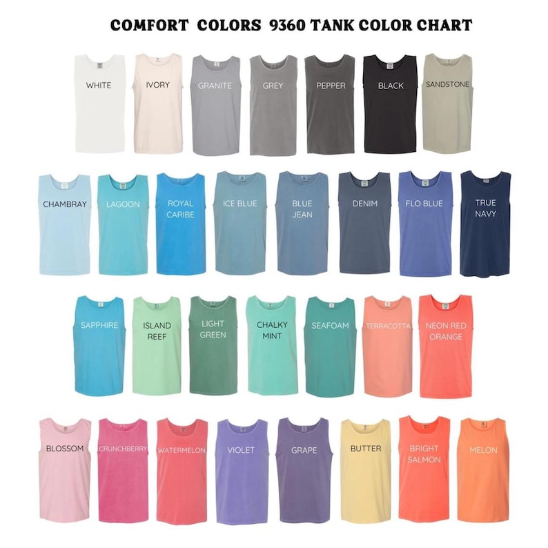 K&ouml;nnte beinhalten: Eine Farbkarte zeigt Comfort Colors 9360 Tanktops in verschiedenen Farbt&ouml;nen. Die Karte enth&auml;lt Farben wie Wei&szlig;, Elfenbein, Granit, Grau, Pfeffer, Schwarz und Sandstein. Weitere Farben sind Chambray, Lagune, Royal Caribe, Eisblau und Blue Jean.