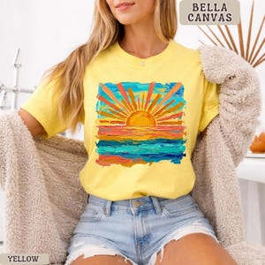 Bella Canvas Cute Summer Sunset Shirt, Retro Beach Graphic Tee, Trendy Vacation Outfit Top, Aesthetic Coastal Tee, Bella Canvas Shirt Women Yellow