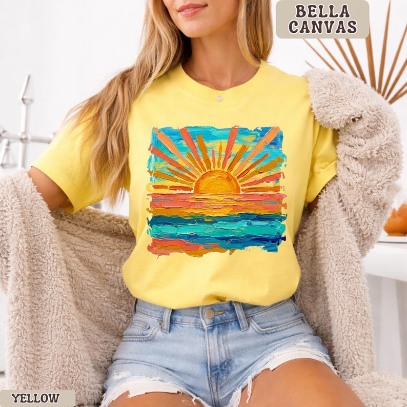 Bella Canvas Cute Summer Sunset Shirt, Retro Beach Graphic Tee, Trendy Vacation Outfit Top, Aesthetic Coastal Tee, Bella Canvas Shirt Women Yellow