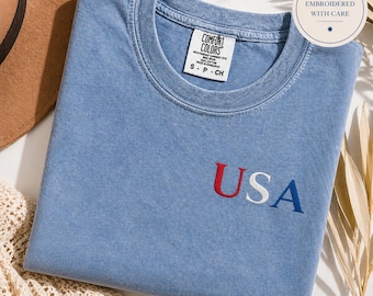 Embroidered USA Comfort Colors T-Shirt Embroidered USA Flag Shirt United States of America Shirt 4th of July T-Shirt US Flag Shirt Gift