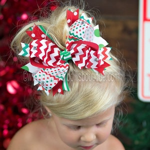 Spikey Christmas Chevron Large Girls Hair Bow,  Little Girls Christmas Bow, Christmas Chevron Baby Headband-Optional Headband with Bow Clip
