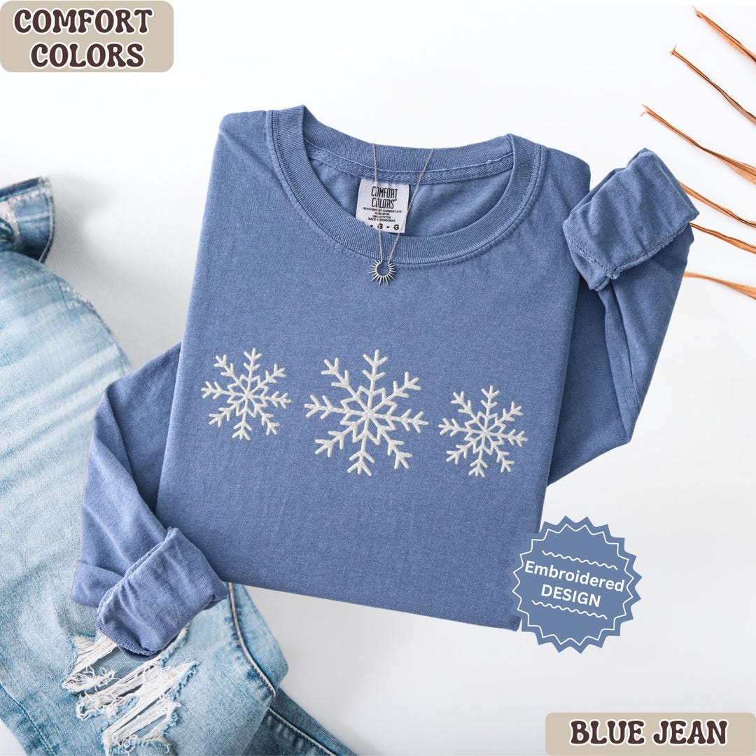 Embroidered Snowflake Shirt, Comfort Colors Long Sleeve Tee, Cute ...