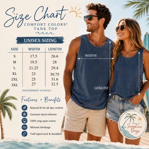 Peut inclure: Un d&eacute;bardeur Comfort Colors bleu marine, pr&eacute;sent&eacute; sur un homme et une femme, avec un tableau des tailles et des caract&eacute;ristiques. Le tableau indique les tailles unisexes avec des mesures en pouces. Caract&eacute;ristiques : coupe d&eacute;contract&eacute;e, douceur teinte en v&ecirc;tement.