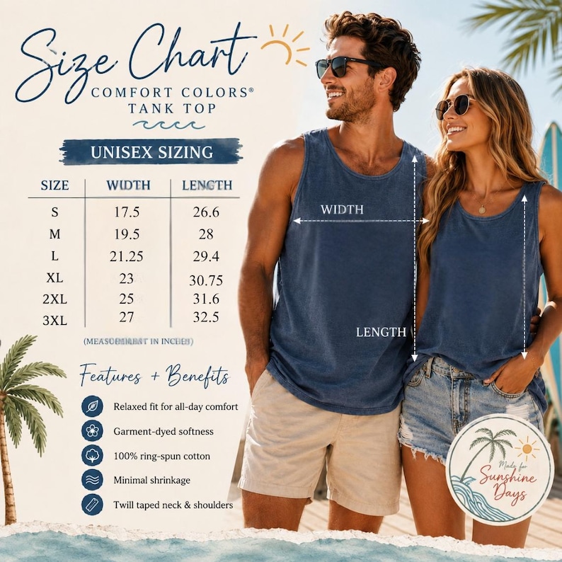 Peut inclure: Un d&eacute;bardeur Comfort Colors bleu marine, pr&eacute;sent&eacute; sur un homme et une femme, avec un tableau des tailles et des caract&eacute;ristiques. Le tableau indique les tailles unisexes avec des mesures en pouces. Caract&eacute;ristiques : coupe d&eacute;contract&eacute;e, douceur teinte en v&ecirc;tement.