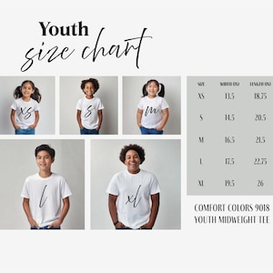 May include: A youth size chart with measurements in inches for Comfort Colors 9018 Youth Midweight Tee. The chart includes sizes XS to XL, with corresponding width and length measurements. The image also shows children wearing the t-shirts.
