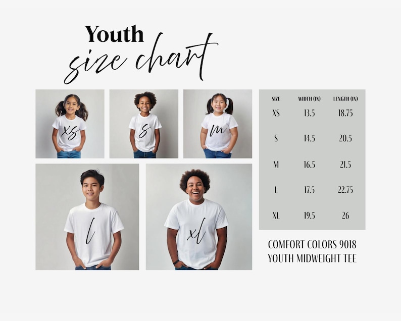 May include: A youth size chart with measurements in inches for Comfort Colors 9018 Youth Midweight Tee. The chart includes sizes XS to XL, with corresponding width and length measurements. The image also shows children wearing the t-shirts.
