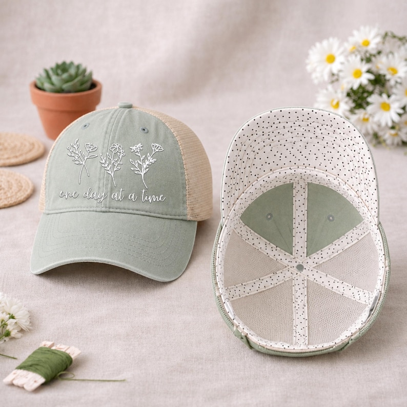 May include: A sage green baseball cap with a floral design and the text "one day at a time". The cap has a mesh back and a dotted pattern on the inside. The cap is displayed next to a second cap with the inside visible.