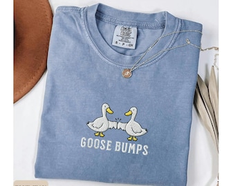 May include: A blue jean-colored t-shirt with the words "GOOSE BUMPS" embroidered below a graphic of two cartoon geese. A silver necklace with a pendant rests on the shirt. The shirt has a tag that reads "COMFORT COLORS".
