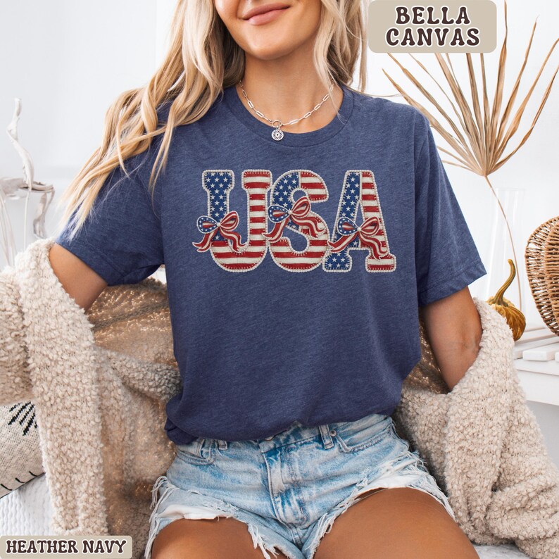 USA Bella Canvas Shirt for Women, Patriotic 4th of July America Graphic Tee, Red White Blue Boutique Independence Day Summer Top Plus Sizes Heather Navy