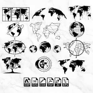 Weltkarte Globus Laser geschnitten SVG-DXF-Dateien - Wandaufkleber, Gravur Aufkleber, Silhouette Vorlage, CNC-Fräser, digitaler Vektor-Sofort-Download