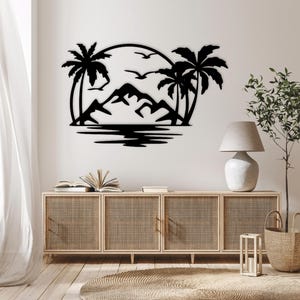 Archivos SVG DXF cortados con láser de palmeras, montañas y playa: calcomanías de pared, grabados, plantillas de silueta, routers CNC, descarga instantánea de vectores digitales