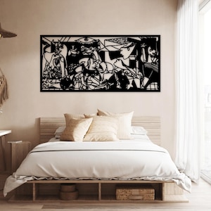 May include: Black and white wall art featuring a geometric design inspired by the famous painting "Guernica" by Pablo Picasso. The art piece is displayed above a bed with white bedding and pillows in a modern bedroom setting.
