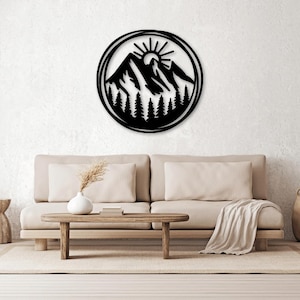 Archivos SVG DXF cortados con láser de amanecer en la montaña: calcomanías de pared, grabados, plantillas de silueta, routers de corte CNC, descarga instantánea de vectores digitales
