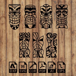 May include: Set of six black and white tiki mask SVG cut files. The masks have different designs and are perfect for crafting projects.