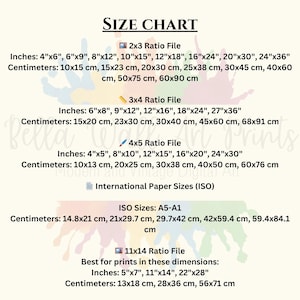 Puede incluir: Una tabla de tallas para impresiones de arte digital, que muestra diferentes tama&ntilde;os de archivo en pulgadas y cent&iacute;metros. La tabla incluye las proporciones 2x3, 3x4, 4x5 y 11x14, as&iacute; como los tama&ntilde;os de papel internacionales (ISO).