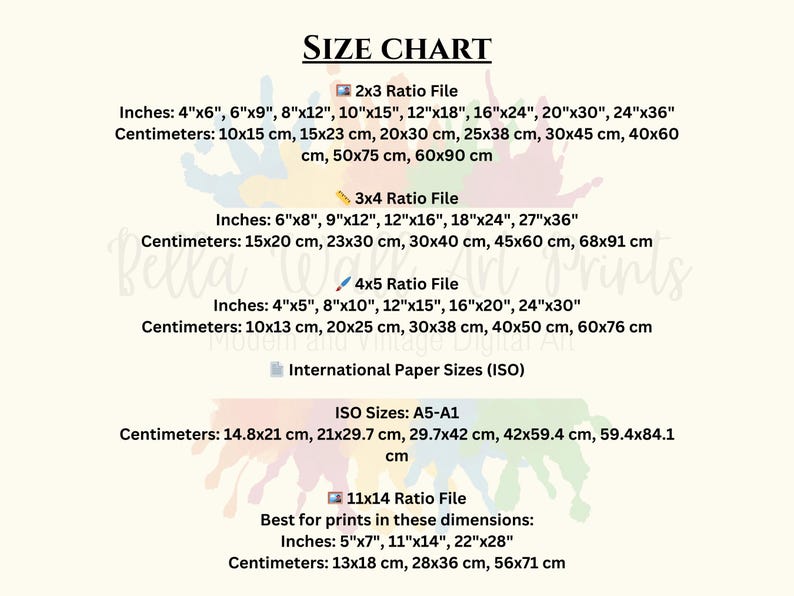Puede incluir: Una tabla de tallas para impresiones de arte digital, que muestra diferentes tama&ntilde;os de archivo en pulgadas y cent&iacute;metros. La tabla incluye las proporciones 2x3, 3x4, 4x5 y 11x14, as&iacute; como los tama&ntilde;os de papel internacionales (ISO).