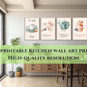 Könnte beinhalten: Vier gerahmte Küchenwandkunstdrucke mit Illustrationen zum Thema Essen. Die Drucke zeigen Zeichnungen von Desserts, Sushi und anderen kulinarischen Elementen. Der Text "100 Printable Kitchen Wall Art Prints High-Quality Resolution" wird darunter angezeigt.