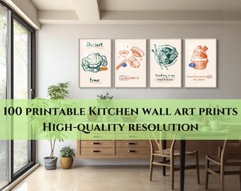 100 Kitchen Prints Set, Kitchen Wall Art, Kitchen Art, Digital Prints, Printable Wall Art, Gallery Wall Set, Kitchen Decor, Food Art