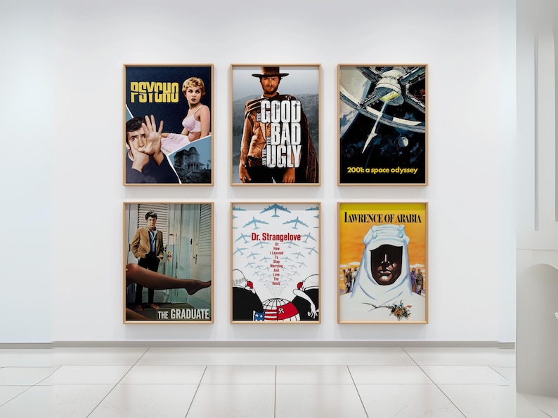 Puede incluir: Una pared con seis carteles de pel&iacute;culas, incluyendo "Psicosis", "El bueno, el feo y el malo", "2001: Una odisea del espacio", "El graduado", "Dr. Strangelove" y "Lawrence de Arabia".