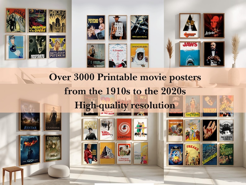 Puede incluir: Un collage de carteles de pel&iacute;culas de la d&eacute;cada de 1910 a la de 2020. Los carteles est&aacute;n dispuestos en una cuadr&iacute;cula en una pared blanca. El texto "Over 3000 Printable movie posters from the 1910s to the 2020s High-quality resolution" se muestra en el centro de la imagen.