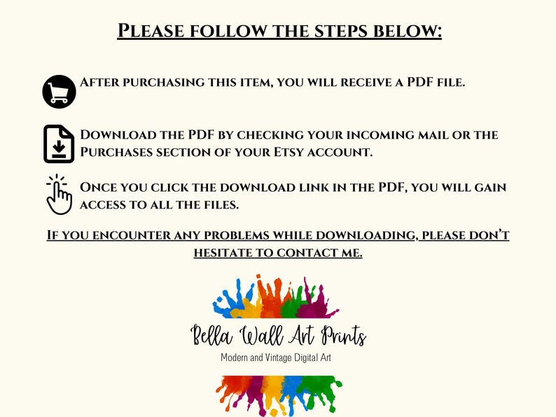 Puede incluir: Un fondo blanco con texto negro que explica c&oacute;mo descargar un producto digital despu&eacute;s de la compra. El texto dice "PLEASE FOLLOW THE STEPS BELOW:" e incluye instrucciones para descargar un archivo PDF. El texto tambi&eacute;n incluye el nombre "Bella Wall Art Prints" y el lema "Modern and Vintage Digital Art".