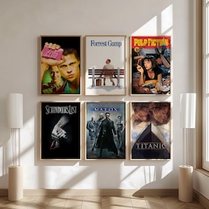 Puede incluir: Un collage de carteles de pel&iacute;culas que presentan pel&iacute;culas ic&oacute;nicas como Pulp Fiction, Forrest Gump, La Lista de Schindler, Matrix y Titanic.