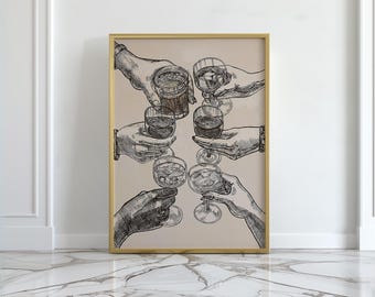 Puede incluir: Un dibujo en blanco y negro de seis manos sosteniendo copas de vino y un vaso de whisky. Las manos están dibujadas de forma estilizada y las copas están todas llenas de líquido.