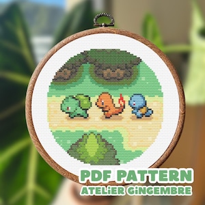 May include: A circular wooden embroidery hoop containing a cross-stitch design of three pixelated creatures in green, orange, and blue on a path. The text PDF PATTERN ATELIER GINGEMBRE is printed in white at the bottom of the image.