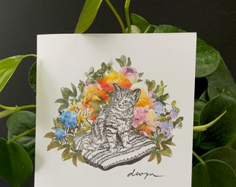 set of 6 - cat & garden flowers - greeting card
