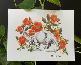 set of 6 - dinosaur and roses - greeting card