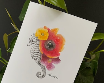 set of 6 - sea horse & blooms - greeting card