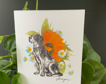 set of 6 - dog & sunflowers - greeting card