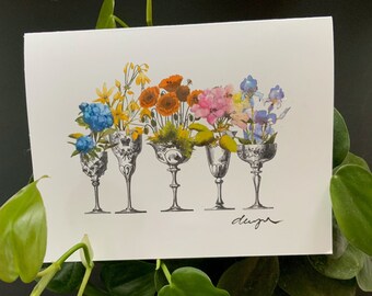 set of 6 - cups of flowers - greeting cards