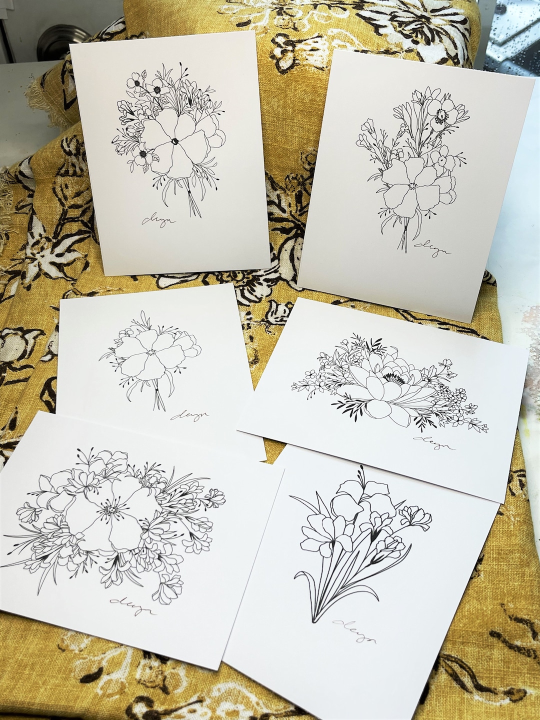 Set of 6 - Black and White Floral Full Set - Greeting Cards - Etsy