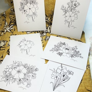 ensemble de 6 - ensemble complet floral noir et blanc - cartes de vœux