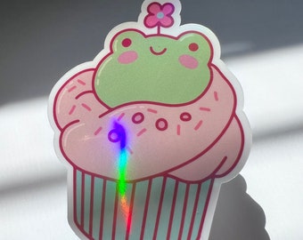 Kawaii Holographic Frog Froggy Cupcake Laptop Water Bottle Vinyl Sticker