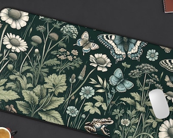 Dark Cottagecore Butterfly and Wildflower, XL Desk Mat Gaming Mat for Him, Tech Accessory, Goblincore Forestcore, Toad Desk Pad, Mouse Pad