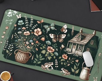 Whimsical Trendy Dark Green Floral Garden Desk Mat, Nature-Themed Mouse Pad, Office Decor, Garden Lovers Gift, Home Office Accessories