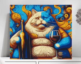 Whimsical Cat Canvas Art, Colorful Cat Wall Decor, Fun Fat Cat Artwork, Psychedelic Bar, Cheers, Gift for Cat Lovers, Wine Lover&#39;s Wall Art