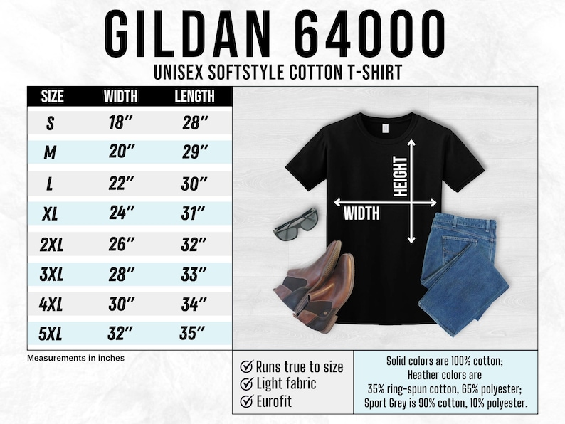 May include: Black Gildan 64000 unisex softstyle cotton t-shirt with size chart. Sizes range from S (18" width, 28" length) to 5XL (32" width, 35" length). Includes information on fabric composition and fit.